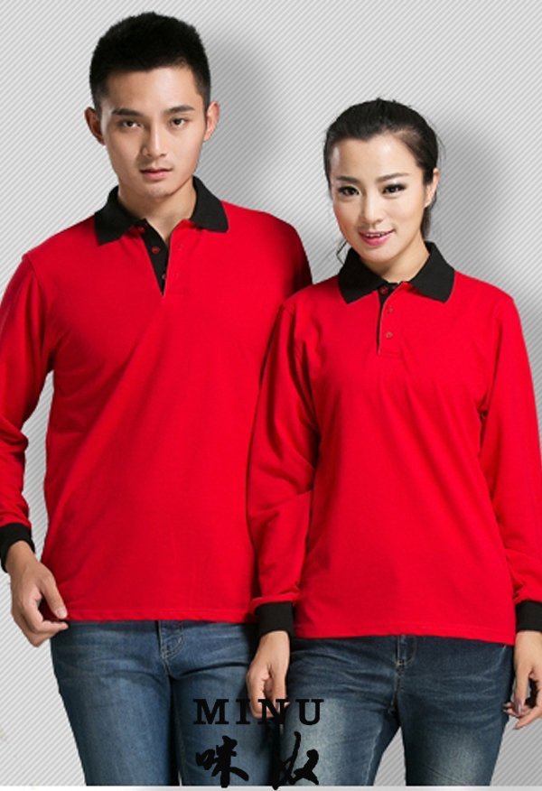 喜慶紅長袖翻領T恤衫定做